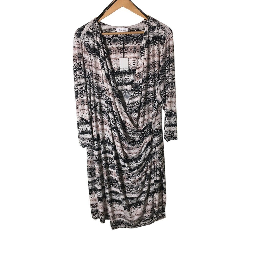Calvin Klein Dress Women's Size 3X Tan Snake Print Deep V-Neck Midi